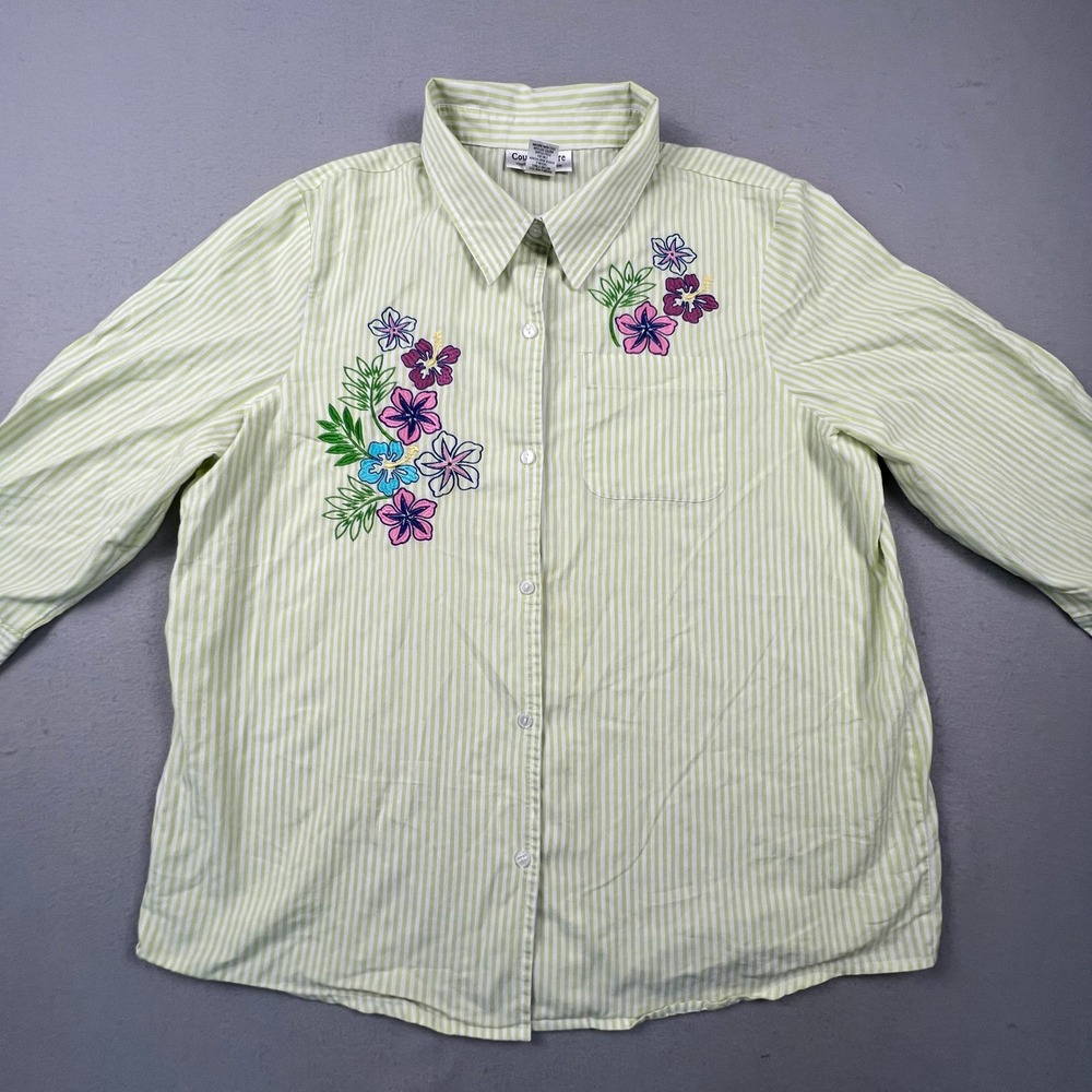Country Store Button Down Shirt Womens XL Green Striped Floral Embroidered Top - Picture 7 of 14